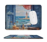 MSYKANIX Realistic Colorful Open Window Soft Stitched Edge Mouse Pad,Watercolor Rustic Wooden Board Nautical Lighthouse Ocean Shells Non-Slip Mousepad for Office,Home 20x24 cm