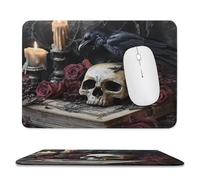 MSYKANIX Realistic Colorful Raven Non-Slip Mousepad,Rustic Vintage Gothic Skull Crow Book Candles Floral Rose with Most Types of Mouse,Stitched Edges for Decoration 20x24 cm