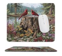 MSYKANIX Realistic Cute Bird Non-Slip Mousepad,Colorful Rustic Spring Forest Red Birds Pine Trees Floral Daisies with Most Types of Mouse,Stitched Edges for Decoration 25x30 cm