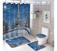 MSYKANIX Realistic Modern Eiffel Tower 4 Pcs Shower Curtain Sets,Beautiful Oil Painting Winter Paris Landscap Eiffel Tower Full Moon Bathroom Sets with Rugs,Toilet Lid Cover And Bath Mat