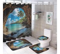 MSYKANIX Realistic Ocean Tropical Beach Shower Curtain Set,Abstract Nautical Summer Palm Leaf Landscape Shower Decor Sets with Rugs Bathroom Accessories Set with 12 Hooks