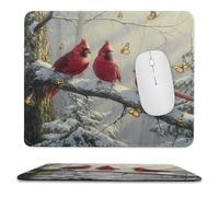 MSYKANIX Realistic Rustic Bird Non-Slip Mousepad,Colorful Cute Winter Forest Snow Pine Trees Red Birds Butterfly with Most Types of Mouse,Stitched Edges for Decoration 25x30 cm