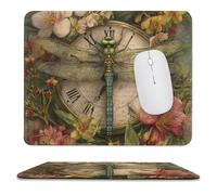MSYKANIX Realistic Rustic Dragonfly Non-Slip Mousepad,Vintage Abstract Spring Garden Beautiful Flower Mid Century Clock with Most Types of Mouse,Stitched Edges for Decoration 25x30 cm