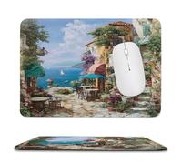 MSYKANIX Realistic Rustic Italian Beach Soft Stitched Edge Mouse Pad,Colorful Beautiful Coastal Village Ocean Sailboat Floral Non-Slip Mousepad for Office,Home 20x24 cm