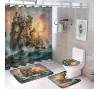 MSYKANIX Realistic Rustic Lighthuose Shower Curtain Set,Colorful Modern Ocean Wave Nautical Sailboat Beautiful Sunset Shower Decor Sets with Rugs Bathroom Accessories Set with 12 Hooks