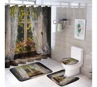 MSYKANIX Realistic Rustic Window Scenery Shower Curtain Set,Beautiful Oil Painting Spring Plant Floral Wildlife Butterflies Shower Decor Sets with Rugs Bathroom Accessories Set with 12 Hooks