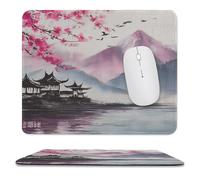 MSYKANIX Realistic Watercolor Cherry Blossom Soft Stitched Edge Mouse Pad,Beautiful Ink Painting Japanese Mountain Birds Non-Slip Mousepad for Office,Home 25x30 cm