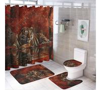 MSYKANIX Rustic Abstract Animals Tiger 4 Pcs Shower Curtain Sets,Watercolor Jungle Forest Autumn Maple Leaves Wildlife Tiger Bathroom Sets with Rugs,Toilet Lid Cover And Bath Mat