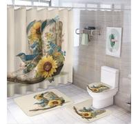 MSYKANIX Rustic Abstract Cowboy Boot 4 Pcs Shower Curtain Sets,Realistic Colorful American Cowboy Boots Flower Dragonfly Bird Bathroom Sets with Rugs,Toilet Lid Cover And Bath Mat