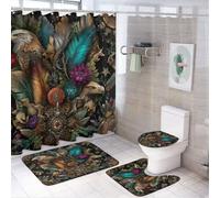 MSYKANIX Rustic Abstract Feather 4 Pcs Shower Curtain Sets,Beautiful Colorful Boho Decor Eagle Feather SKull Plant Floral Bathroom Sets with Rugs,Toilet Lid Cover And Bath Mat