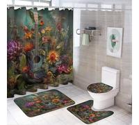 MSYKANIX Rustic Abstract Guitar 4 Pcs Shower Curtain Sets,Colorful Spring Garden Floral Musical Instrument Theme Guitar Bathroom Sets with Rugs,Toilet Lid Cover And Bath Mat