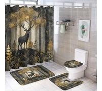 MSYKANIX Rustic Beautiful Deer 4 Pcs Shower Curtain Sets,Abstract Colorful Autumn Forest Tree Plant Animal Moose Bathroom Sets with Rugs,Toilet Lid Cover And Bath Mat
