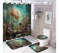 MSYKANIX Rustic Beautiful Dragonfly Shower Curtain Set,Colorful Vintage Forest Night Mountain Pine Trees Flower Full Moon Shower Decor Sets with Rugs Bathroom Accessories Set with 12 Hooks