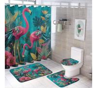MSYKANIX Rustic Beautiful Flamingo Shower Curtain Set,Abstract Watercolor Tropical Pink Wildlife Palm Leaf Flower Hibiscus Shower Decor Sets with Rugs Bathroom Accessories Set with 12 Hooks