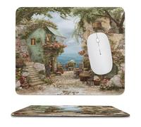 MSYKANIX Rustic Beautiful Italian Beach Non-Slip Mousepad,Realistic Colorful Coastal Village Ocean Botanical Flower Rose with Most Types of Mouse,Stitched Edges for Decoration 25x30 cm