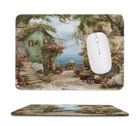 MSYKANIX Rustic Beautiful Italian Beach Non-Slip Mousepad,Realistic Colorful Coastal Village Ocean Botanical Flower Rose with Most Types of Mouse,Stitched Edges for Decoration 20x24 cm