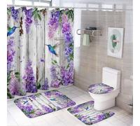 MSYKANIX Rustic Beautiful Lavender Shower Curtain Set,Watercolor Wooden Boards Spring Garden Floral Hummingbirds Shower Decor Sets with Rugs Bathroom Accessories Set with 12 Hooks