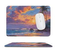MSYKANIX Rustic Beautiful Summer Beach Soft Stitched Edge Mouse Pad,Realistic Oil Painting Coastal Palm Trees Animal Seagulls Sunset Non-Slip Mousepad for Office,Home 20x24 cm
