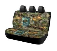 MSYKANIX Rustic Colorful Cabin Car Cover Set for Rear Bench Seat with Polyester,Realistic Coastal Village Wooden Boards Door Stone Wall Plant Leaves Back Covers Universal