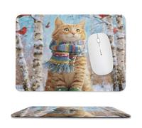 MSYKANIX Rustic Colorful Cat Non-Slip Mousepad,Realistic Modern Winter Snow Forest Trees Orange Cute Cat Red Birds with Most Types of Mouse,Stitched Edges for Decoration 20x24 cm