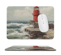 MSYKANIX Rustic Colorful Coastal Lighthouse Non-Slip Mousepad,Realistic Watercolor Oil Painting Nautical Lighthouse Ocean Waves with Most Types of Mouse,Stitched Edges for Decoration 20x24 cm