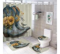 MSYKANIX Rustic Colorful Cowboy Boot Shower Curtain Set,Realistic Abstract Plant Floral Sunflowers Dragonfly Bird Shower Decor Sets with Rugs Bathroom Accessories Set with 12 Hooks