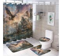 MSYKANIX Rustic Colorful Eagle Shower Curtain Set,Cabin Realistic Forest Mountain Pine Trees Animal Mallard Duck Sunset Shower Decor Sets with Rugs Bathroom Accessories Set with 12 Hooks