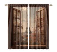 MSYKANIX Rustic Colorful Eiffel Tower Curtains,Modern Realistic Open Window Paris City Landscap Autumn Leaves Rod Pocket Window Drapes for Living Room 2 Panels,Each 50.5Wx114L cm（Decor）