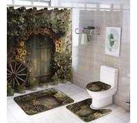 MSYKANIX Rustic Colorful Farmhouse Shower Curtain Set,Realistic Modern Spring Garden Floral Sunflowers Wooden Wheel Shower Decor Sets with Rugs Bathroom Accessories Set with 12 Hooks