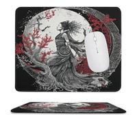 MSYKANIX Rustic Colorful Japan Geisha Non-Slip Mousepad,Vintage Abstract Japanese Red Floral Cherry Blossom Full Moon with Most Types of Mouse,Stitched Edges for Decoration