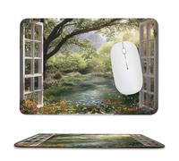 MSYKANIX Rustic Colorful Spring Garden Non-Slip Mousepad,Realistic Beautiful Open Window Mountain Trees Plant Flower with Most Types of Mouse,Stitched Edges for Decoration 20x24 cm
