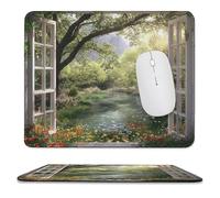 MSYKANIX Rustic Colorful Spring Garden Soft Stitched Edge Mouse Pad,Realistic Beautiful Open Window Mountain Trees Plant Flower Non-Slip Mousepad for Office,Home 25x30 cm