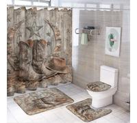 MSYKANIX Rustic Colorful Texas Star Horseshoe 4 Pcs Shower Curtain Sets,Vintage Wooden Board American Western Cowboy Boots Hat Bathroom Sets with Rugs,Toilet Lid Cover And Bath Mat
