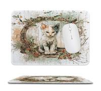 MSYKANIX Rustic Cute Cat Soft Stitched Edge Mouse Pad,Vintage Watercolor Wooden Board Christmas Theme Pine Leaf Pinecone Non-Slip Mousepad for Office,Home 20x24 cm
