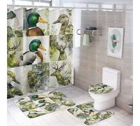 MSYKANIX Rustic Cute Mallard Duck 4 Pcs Shower Curtain Sets,Modern Watercolor Hunting Theme Cabin Wildlife Deer Moose Bathroom Sets with Rugs,Toilet Lid Cover And Bath Mat