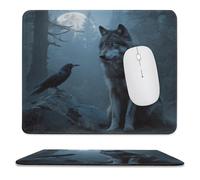 MSYKANIX Rustic Fantasy Wolf Non-Slip Mousepad,Cool Colorful Forest Night Pine Trees Wildlife Raven Crow Full Moon with Most Types of Mouse,Stitched Edges for Decoration 25x30 cm