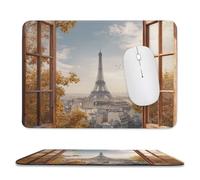 MSYKANIX Rustic Modern Eiffel Tower Non-Slip Mousepad,Colorful Realistic Open Window Paris City Landscap Autumn Leaves with Most Types of Mouse,Stitched Edges for Decoration7.9x9.4 Inch