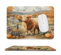 MSYKANIX Rustic Realistic Cow Non-Slip Mousepad,Colorful Farmhouse Highland Yak Fall Thanksgiving Pumpkin Floral with Most Types of Mouse,Stitched Edges for Decoration 20x24 cm