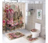 MSYKANIX Rustic Realistic Cowgirl Boots Shower Curtain Set,Abstract Colorful Mid Century Western Cowboy Cactus Floral Shower Decor Sets with Rugs Bathroom Accessories Set with 12 Hooks