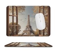 MSYKANIX Rustic Realistic Eiffel Tower Soft Stitched Edge Mouse Pad,Beautiful Modern Open Window Paris City Landscap Autumn Tree Leaf Non-Slip Mousepad for Office,Home7.9x9.4 Inch
