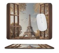 MSYKANIX Rustic Realistic Eiffel Tower Soft Stitched Edge Mouse Pad,Beautiful Modern Open Window Paris City Landscap Autumn Tree Leaf Non-Slip Mousepad for Office,Home9.8x11.8 Inch
