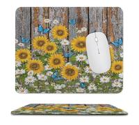 MSYKANIX Rustic Realistic Floral Soft Stitched Edge Mouse Pad,Vintage Oil Painting Wooden Board Flower Sunflower Daisy Butterfly Non-Slip Mousepad for Office,Home 25x30 cm