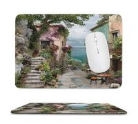 MSYKANIX Rustic Realistic Italian Beach Soft Stitched Edge Mouse Pad,Beautiful Colorful Coastal Village Ocean Botanical Flower Non-Slip Mousepad for Office,Home 20x24 cm