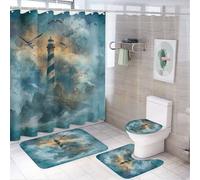 MSYKANIX Rustic Realistic Lighthouse Shower Curtain Set,Beautiful Watercolor Ocean Animal Seagull Nautical Clouds Shower Decor Sets with Rugs Bathroom Accessories Set with 12 Hooks