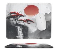 MSYKANIX Rustic Realistic Red Sun Soft Stitched Edge Mouse Pad,Vintage Beautiful Mountain Waterfall Japanese Cherry Blossom Non-Slip Mousepad for Office,Home 25x30 cm