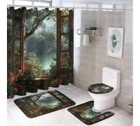 MSYKANIX Rustic Realistic Spring Garden Shower Curtain Set,Beautiful Colorful Open Window Mountain Trees Plant Floral Shower Decor Sets with Rugs Bathroom Accessories Set with 12 Hooks