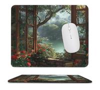 MSYKANIX Rustic Realistic Spring Garden Soft Stitched Edge Mouse Pad,Beautiful Colorful Open Window Mountain Trees Plant Floral Non-Slip Mousepad for Office,Home 25x30 cm