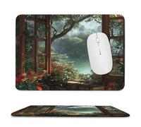 MSYKANIX Rustic Realistic Spring Garden Soft Stitched Edge Mouse Pad,Beautiful Colorful Open Window Mountain Trees Plant Floral Non-Slip Mousepad for Office,Home 20x24 cm