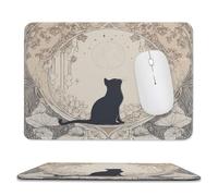 MSYKANIX Rustic Vintage Black Cat Soft Stitched Edge Mouse Pad,Abstract Mid Century Boho Indian Mandala Floral Plant Leaf Full Moon Non-Slip Mousepad for Office,Home 20x24 cm