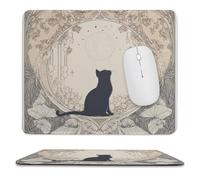 MSYKANIX Rustic Vintage Black Cat Soft Stitched Edge Mouse Pad,Abstract Mid Century Boho Indian Mandala Floral Plant Leaf Full Moon Non-Slip Mousepad for Office,Home 25x30 cm